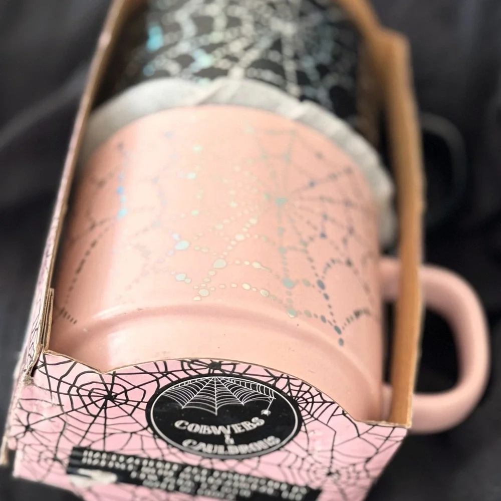 NWT COBWEBS & CAULDRONS Spider Web Stackable Mug Set Halloween Set Pink Black